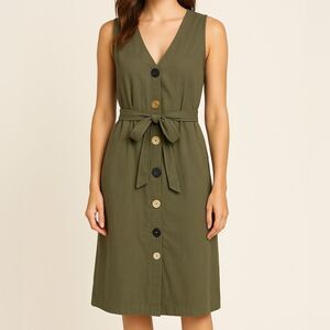 Kate C. Khaki Green Button Down V-Neck Midi Sleeveless SunDress